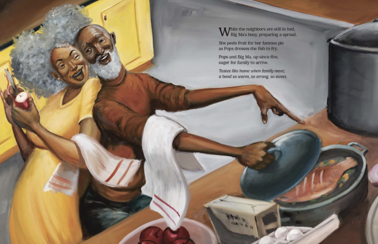 An illustration of an older grey-haired Black woman wearing a yellow dress, snuggling up to an older Black man with a grey beard, both preparing food in a kitchen joyfully.