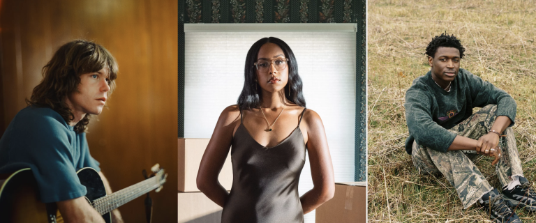 Three separate photos. The first features a white man with shaggy hair, standing in profile holding an acoustic guitar. In the center is a young, slender Black woman wearing glasses and a brown satin dress. On the right is a Black man sitting on the ground in a field. He is wearing army pants and a green sweater.