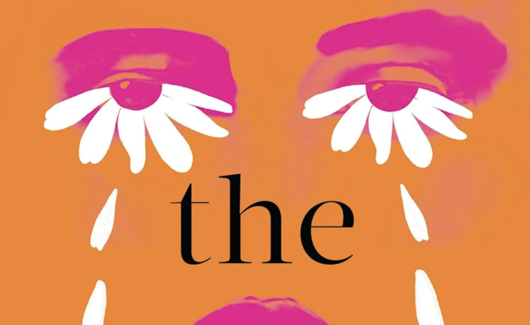An orange book cover featuring an illustration of pink and white eyes that resemble flowers shedding petals.