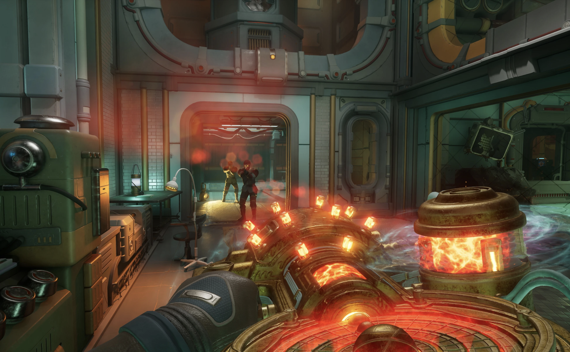 A video game scene shows two characters standing in the doorway of an industrial facility, facing down a piece of futuristic equipment that glows with internal fire.