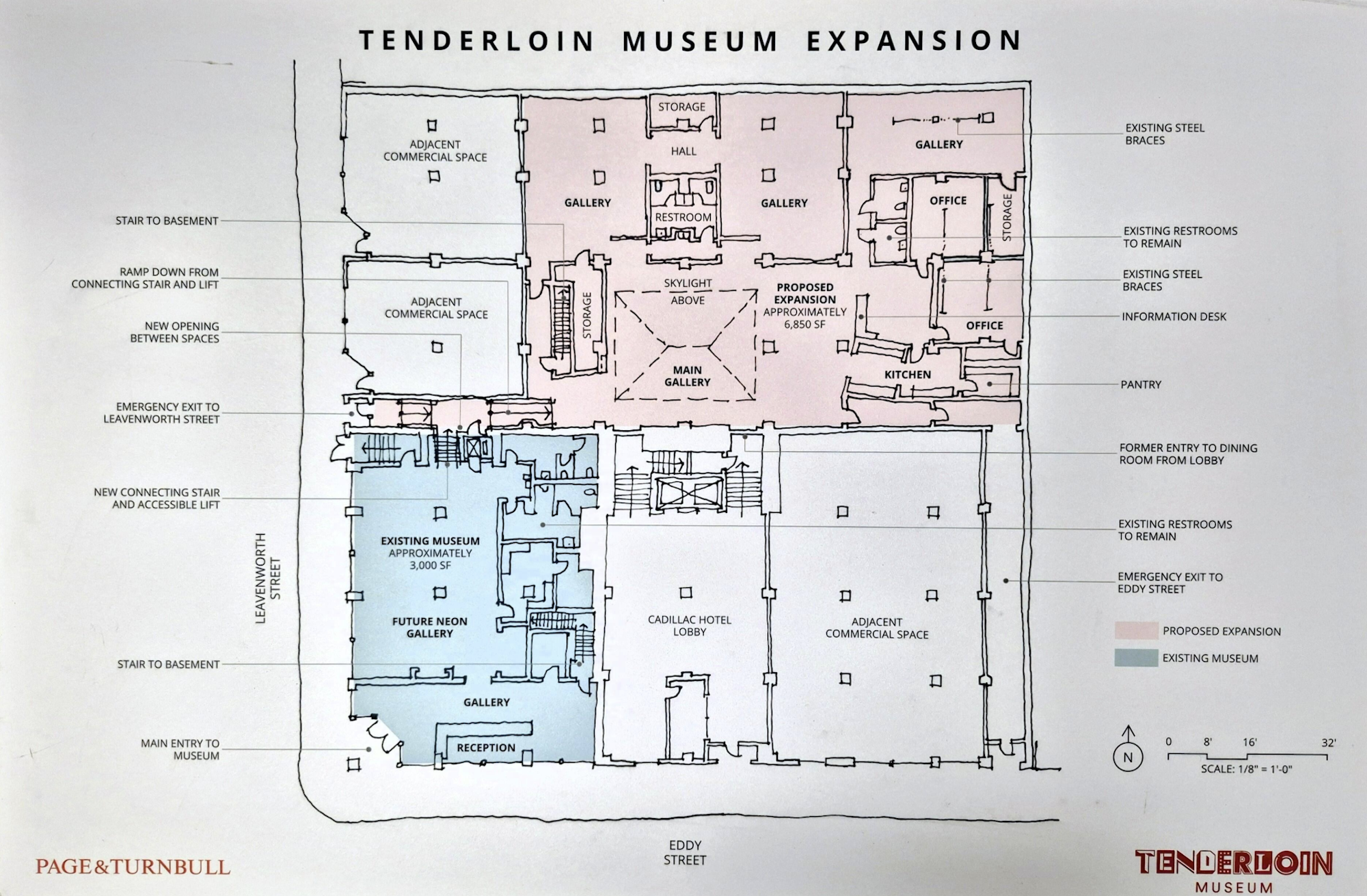 A blueprint shows the layout of a city building's ground floor, colored in blue, pink and white.