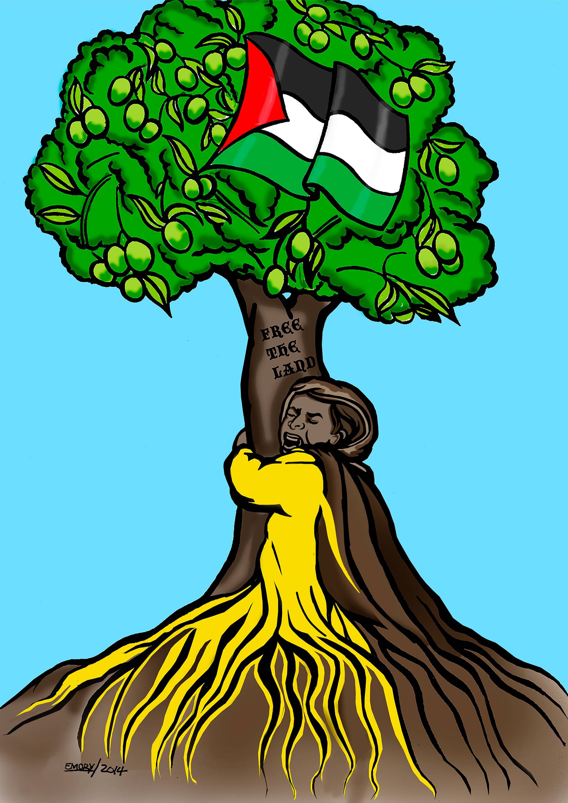 An illustration of a Palestinian person clutching an olive tree, and their body turns into roots going into the ground. 