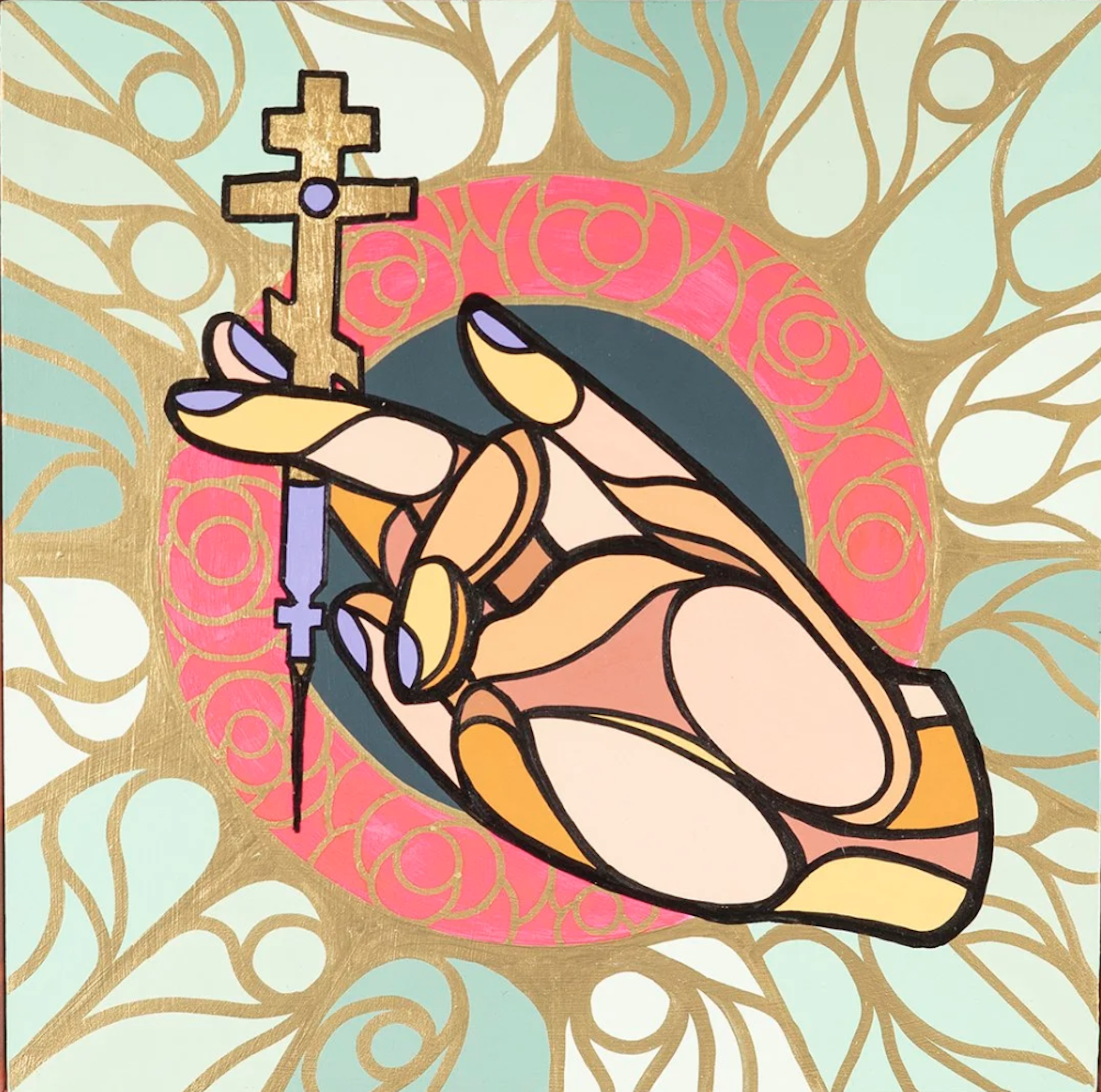 A painting resembling stained glass of a religious hand holding a cylindrical item that is a holy cross on top and a syringe at the bottom.