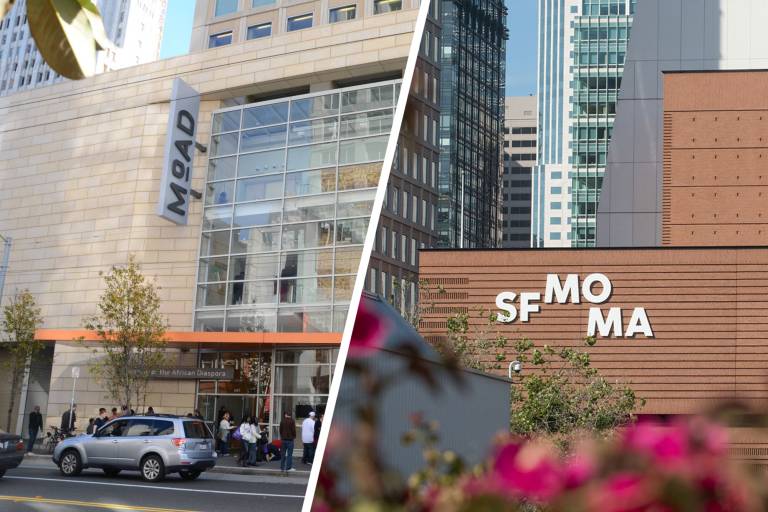 glass facade of MoAD separated by diagonal white strip from brick facade of SFMOMA