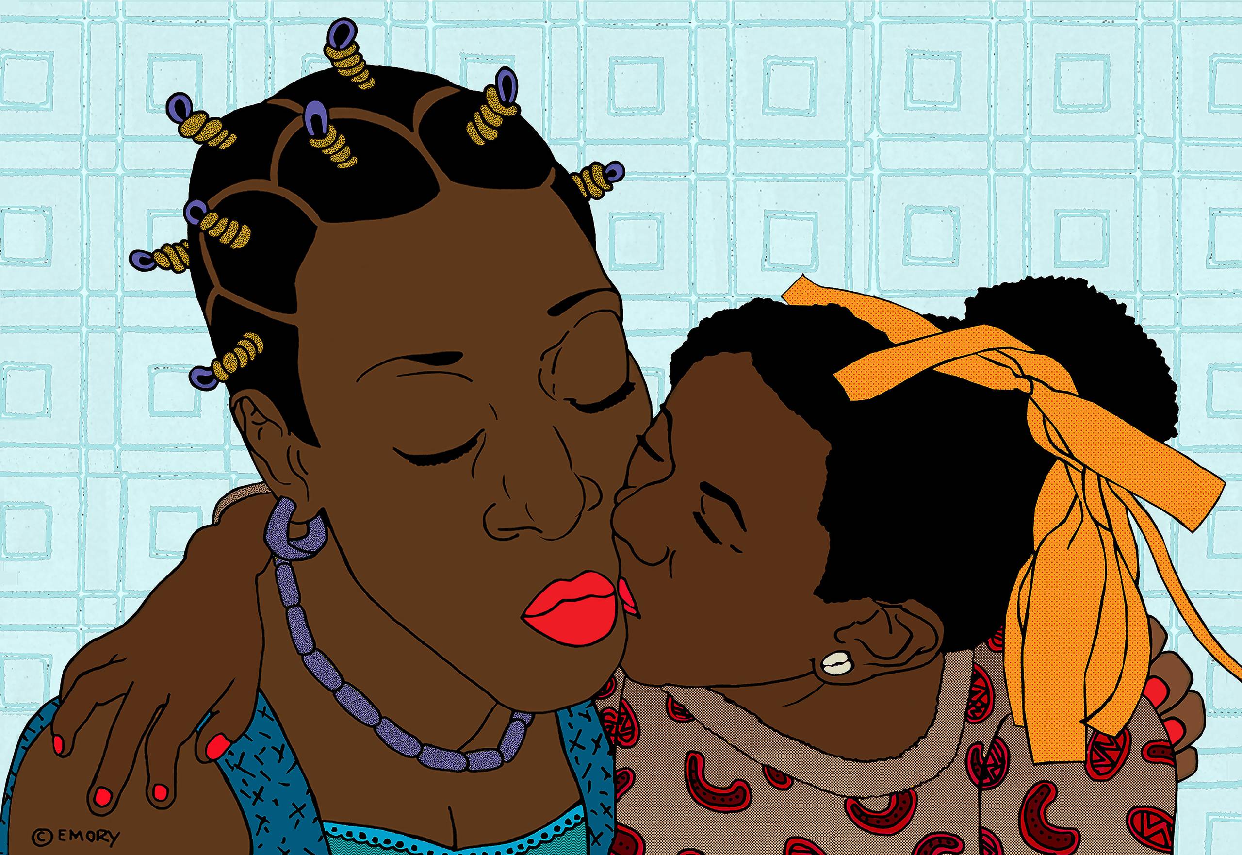 An illustration of a little Black girl kissing her mother on the cheek. 