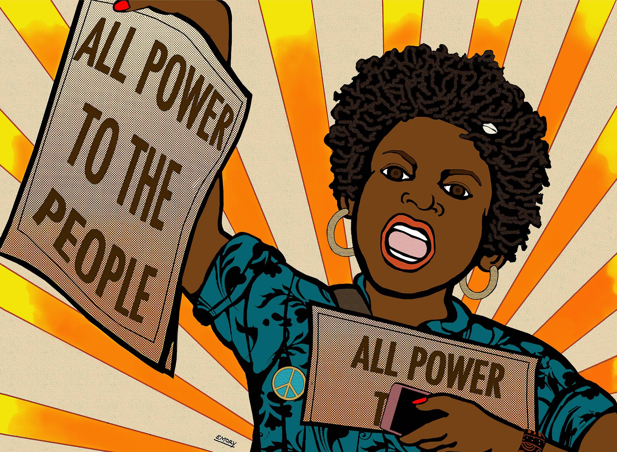 A digital art piece features a Black woman with short hair holding a newspaper that says "All Power to the People" and an iPhone.