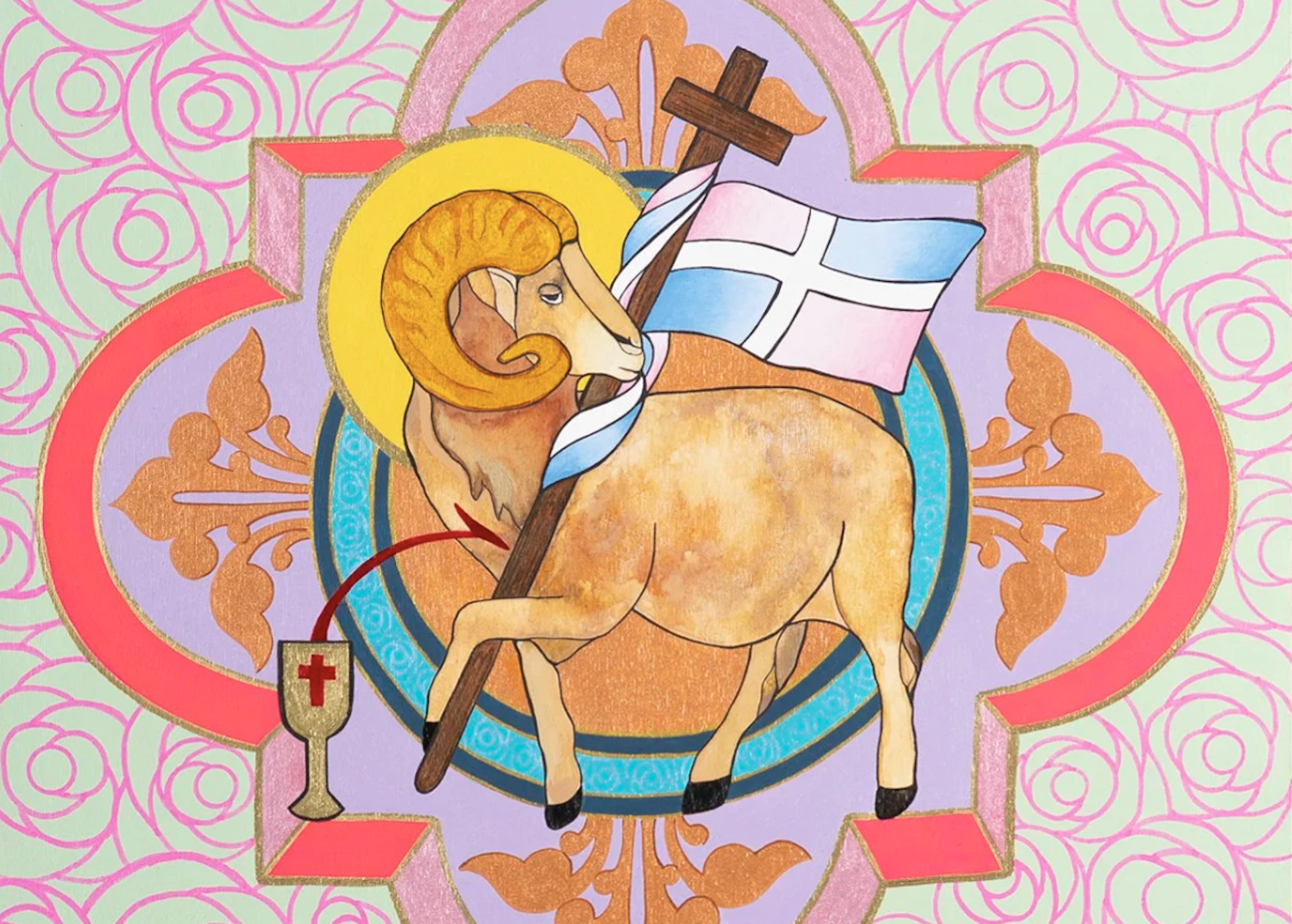 A painting of a ram, bleeding from a chest wound into a golden chalice marked with a red cross, stands with a cross in its mouth displaying a pink and blue flag with a white cross on the flag. The ram has a halo.