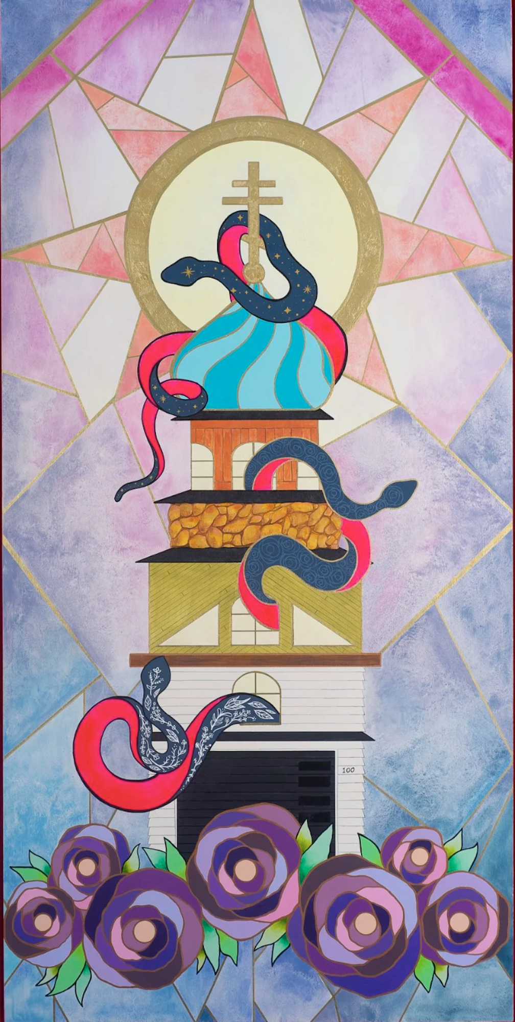 A painting that resembles stained glass featuring a house that transforms into a towering religious building.