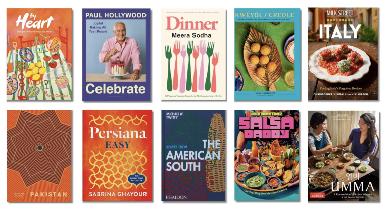Ten colorful cookbooks laid out in two rows of five.