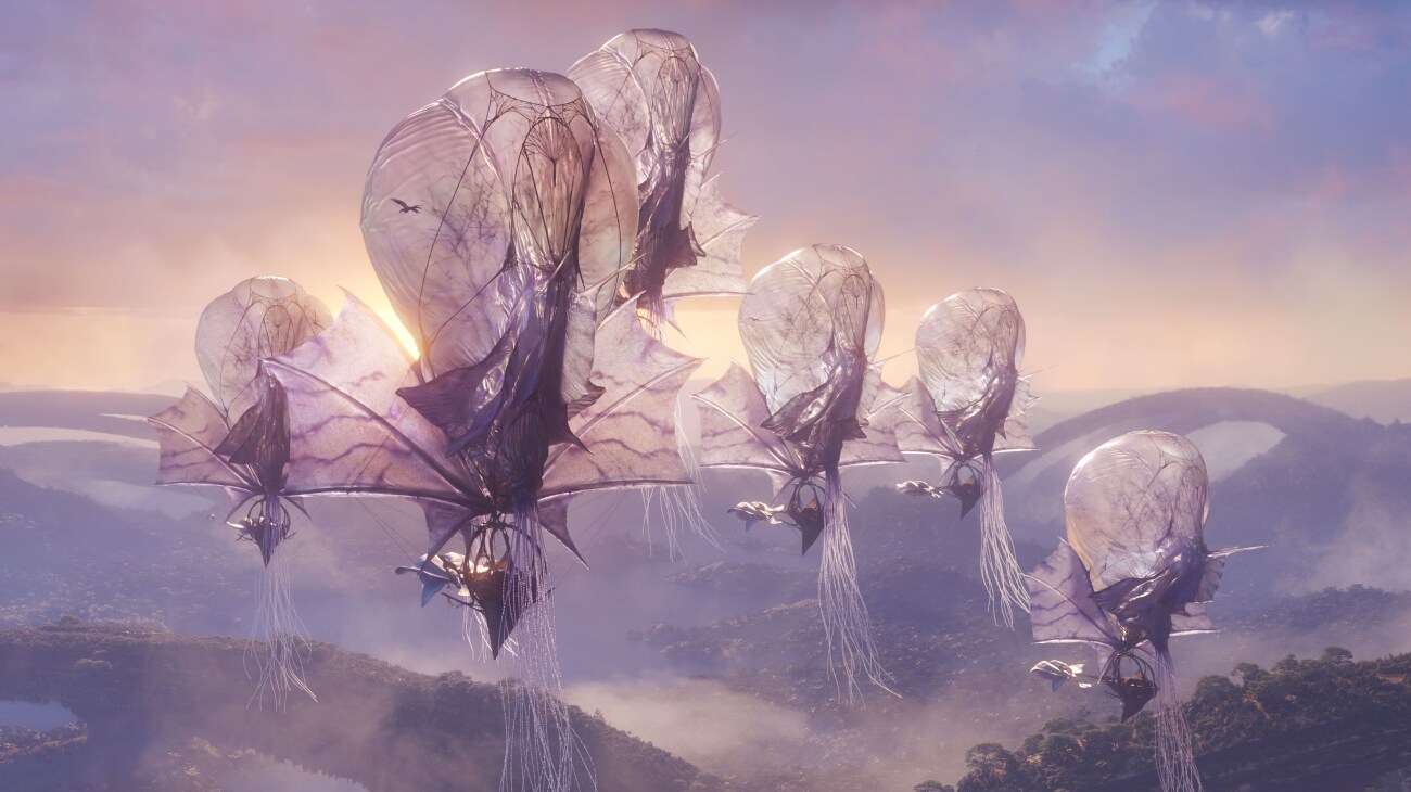 flying alien ships in purple pink sky