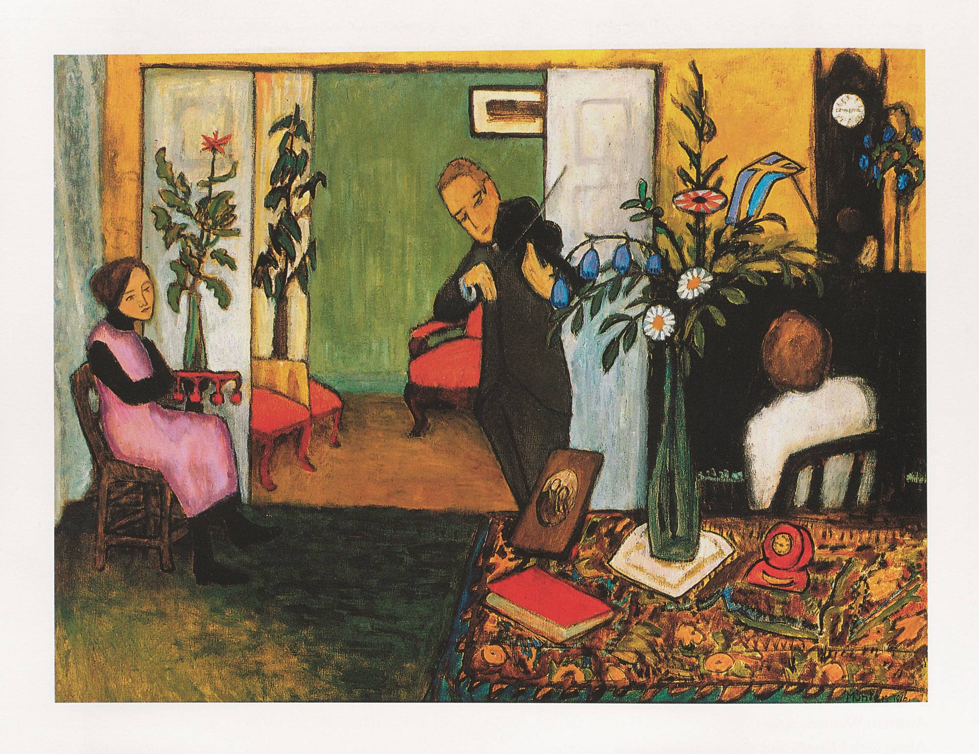 colorful painting of interior with three figures, one playing a violin
