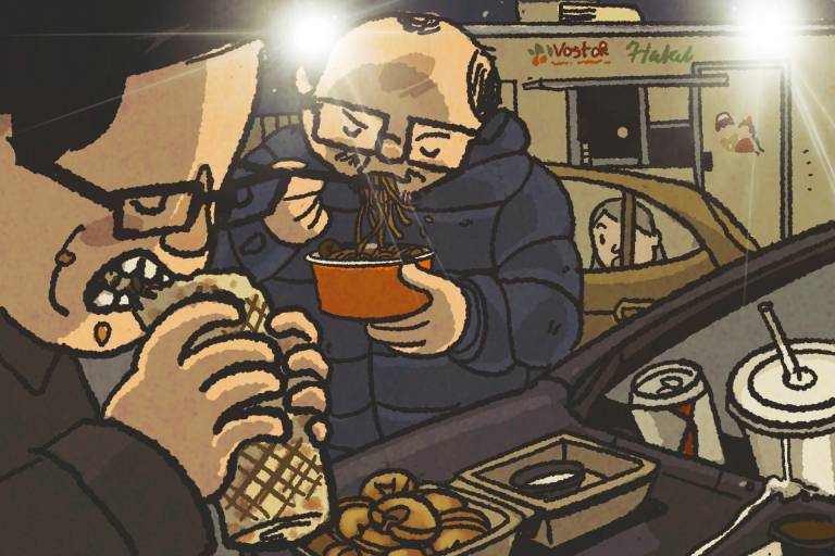 Illustration: Two men lean over the hood of a car at nighttime, chowing down on a shawarma wrap and stir-fried noodles.