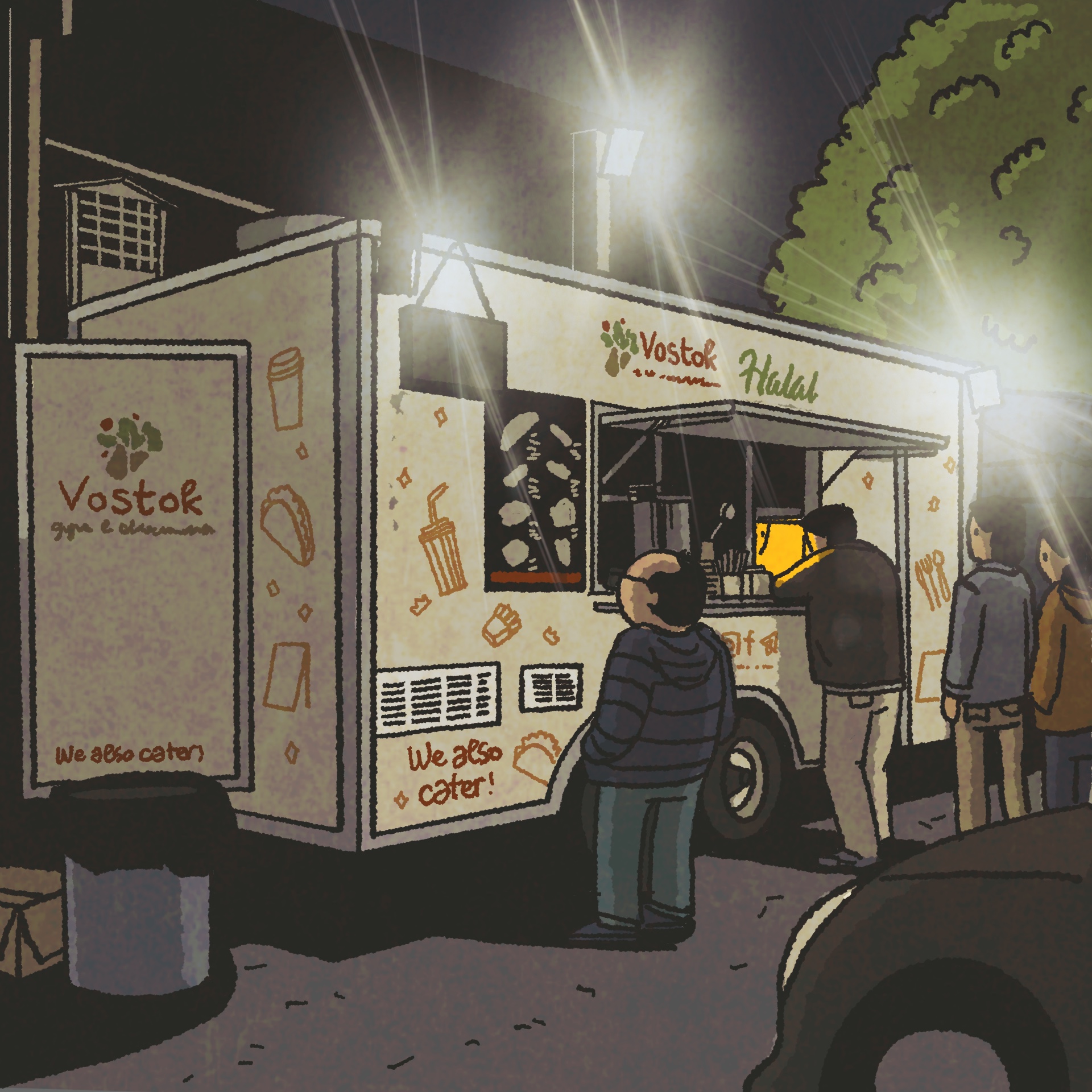 Illustration: A food truck lit up at night. The sign on top reads, "Vostok Gyro & Shawarma."