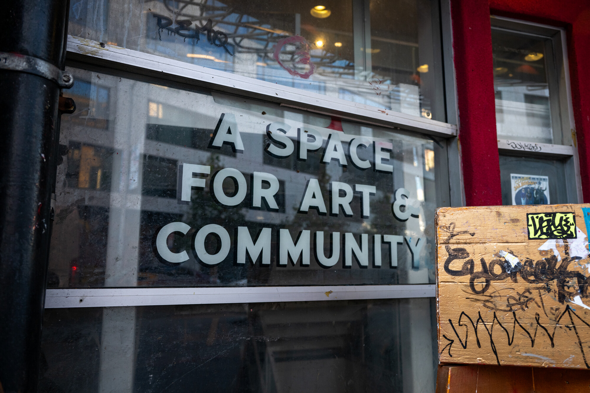 The exterior window of CounterPulse reads "A space for art and community."