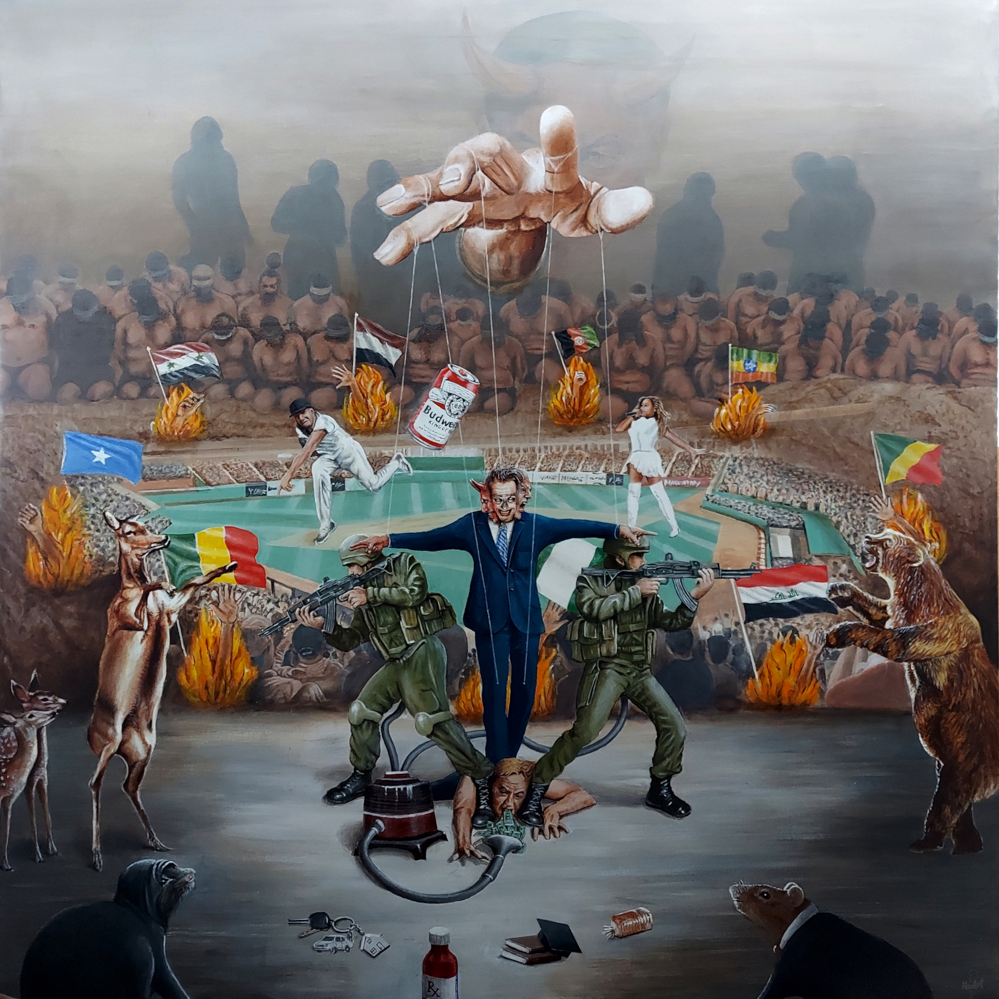 painting with central figure, soldiers, crowds, animals and flags emerging from fires