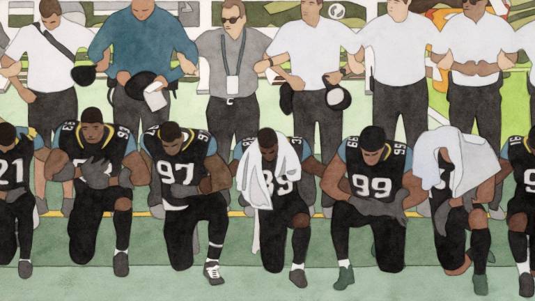 More than a half dozen football players kneel along the sidelines of a field while coaches and others stand behind them, seen in a watercolor illustration