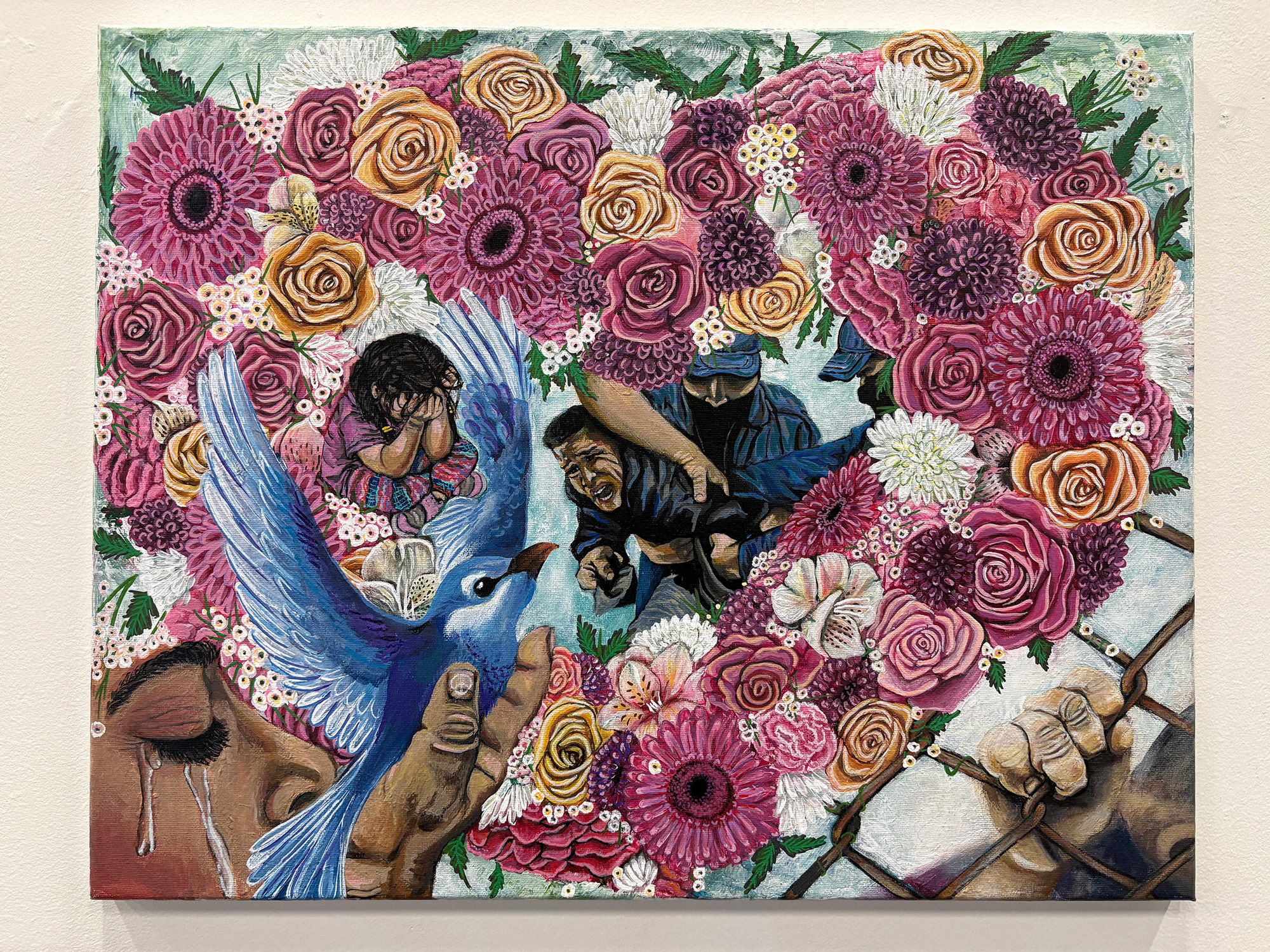 man being taken away from a crying child within heart-shaped bouquet of flowers