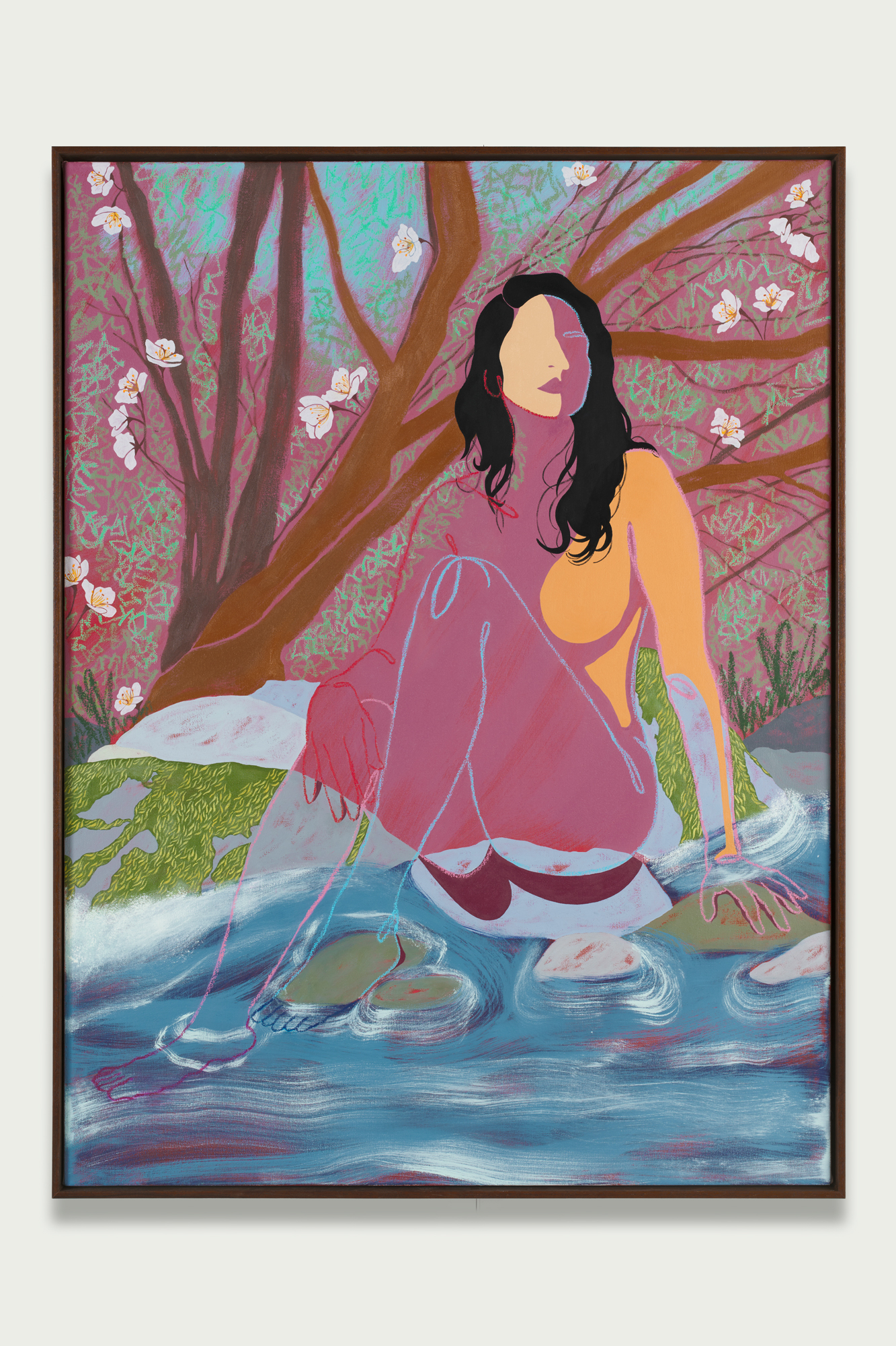 nude female figure sits beside pool of water