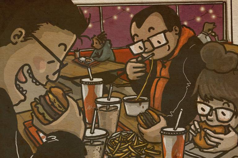 Illustration: Three friends eater burgers, fries, and Cokes inside a casual restaurant.