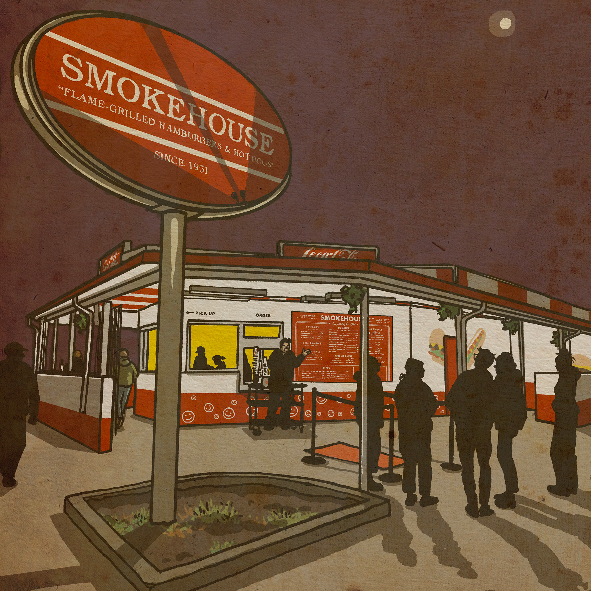 Exterior of a burger shack lit up at night. The retro-style red sign reads, "Smokehouse."