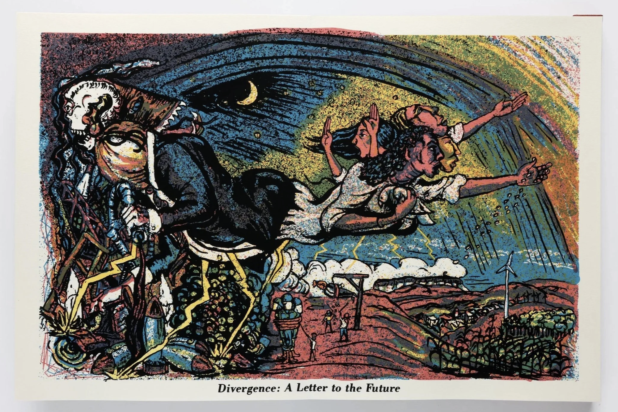 An abstract swirling depiction of a death figure, clad in a business suit clutching a bag of money and flying through the air. In the opposite direction flies three figures clad in white and reaching out for brighter skies.