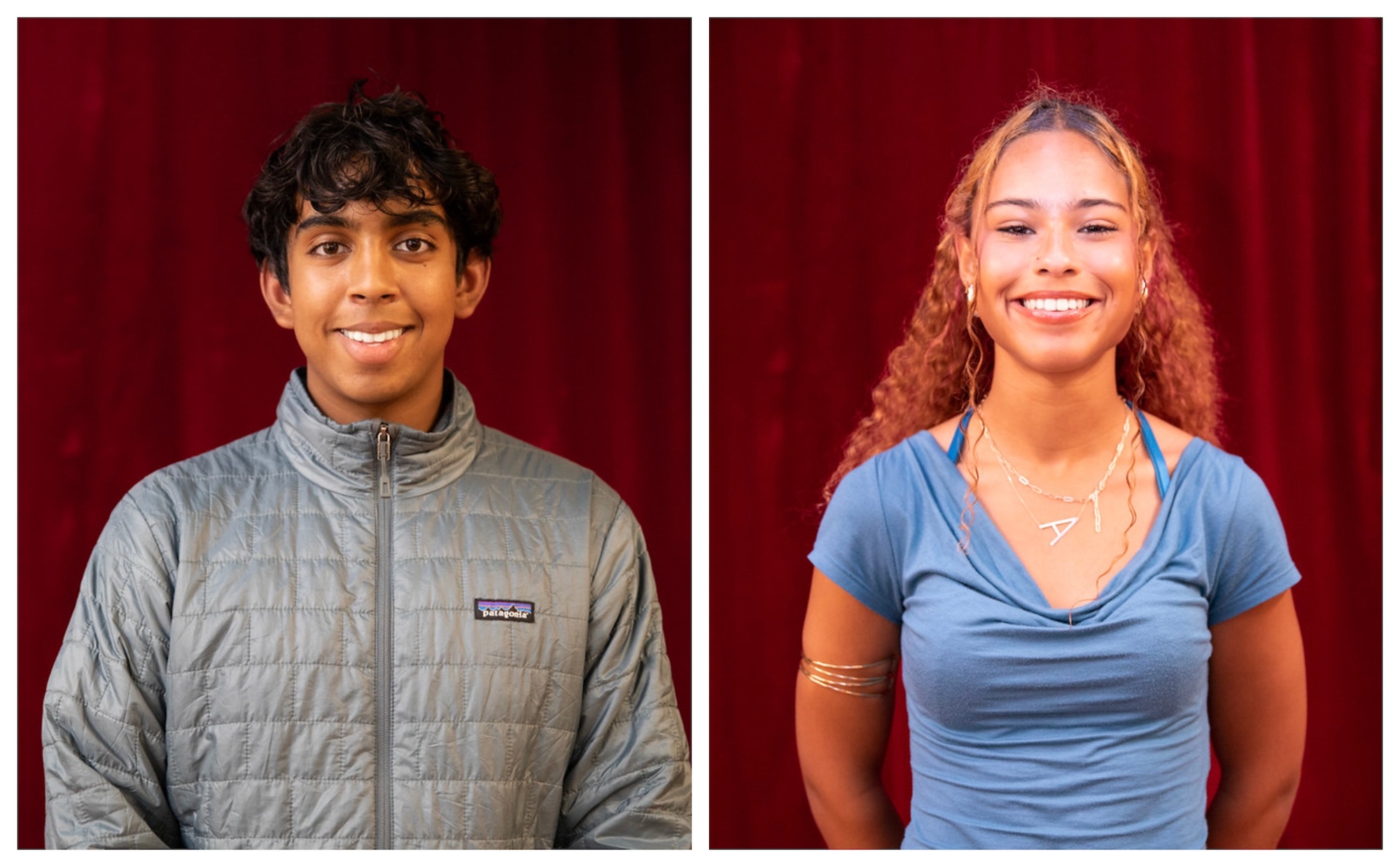 Two photos of teenagers standing in front of a red curtain. On the left, a smiling Indian American boy wearing a grey jacket. On the left, a smiling Black girl with long curly hair wearing a blue short-sleeved top.