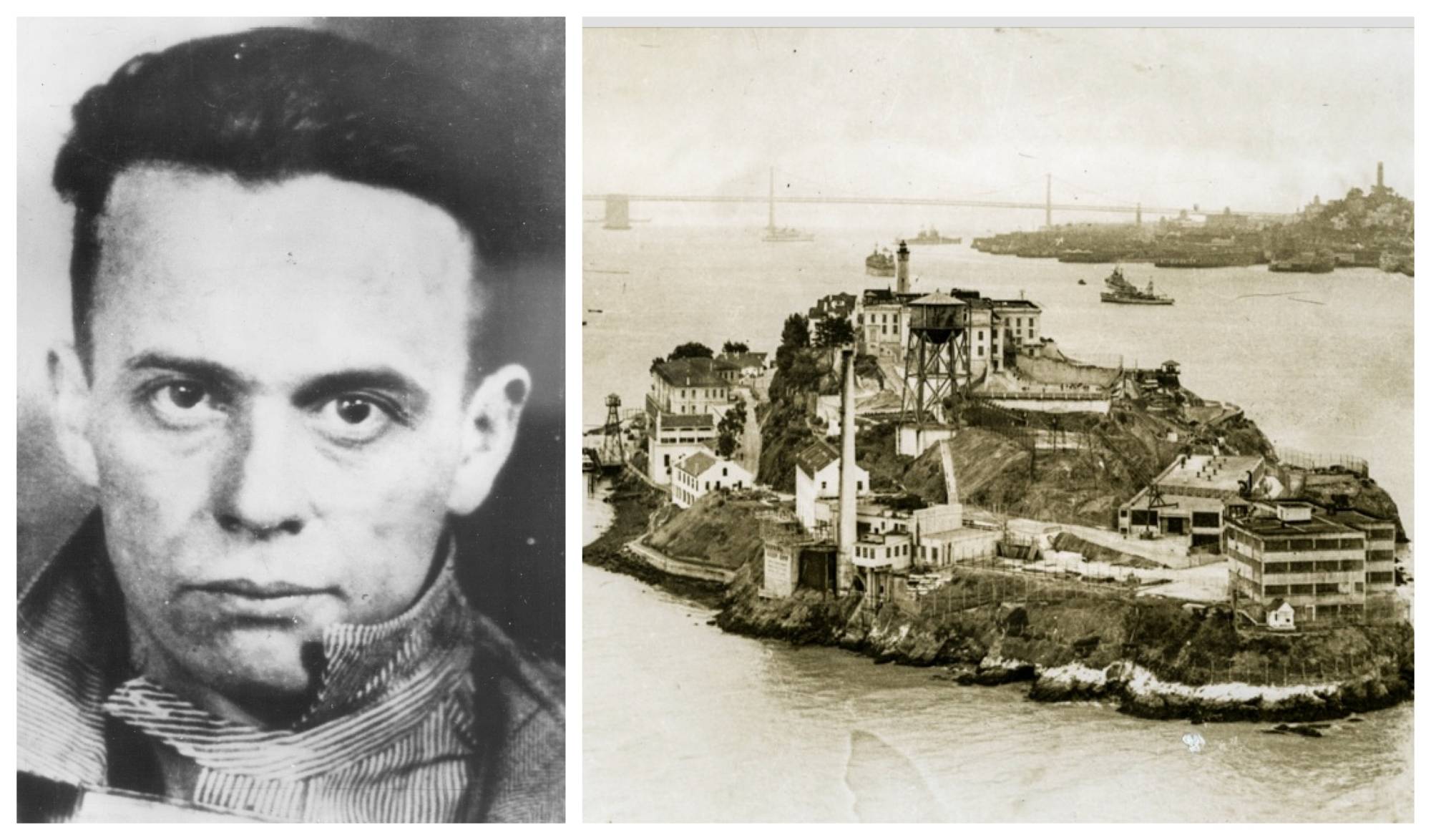 On the left, a black and white mugshot of a white man with black hair neatly combed back. On the right, a black and white aerial photograph of Alcatraz prison while still active in 1944.