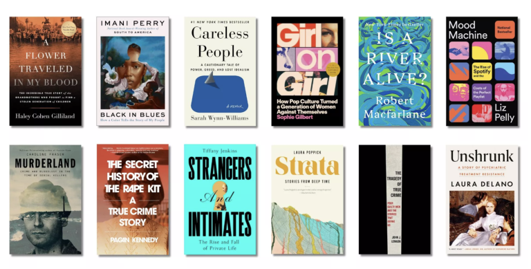 12 books featuring various colors and titles laid out in two rows of six.