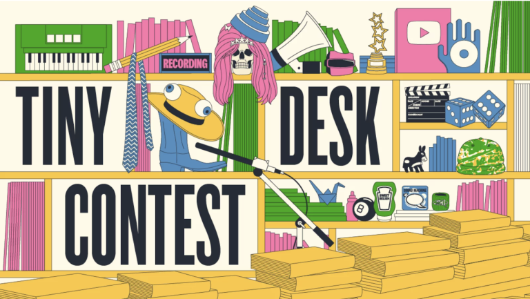 A colorful illustration shows shelves full of books, toys, awards and musical instruments. The words TINY DESK CONTEST are also incorporated.
