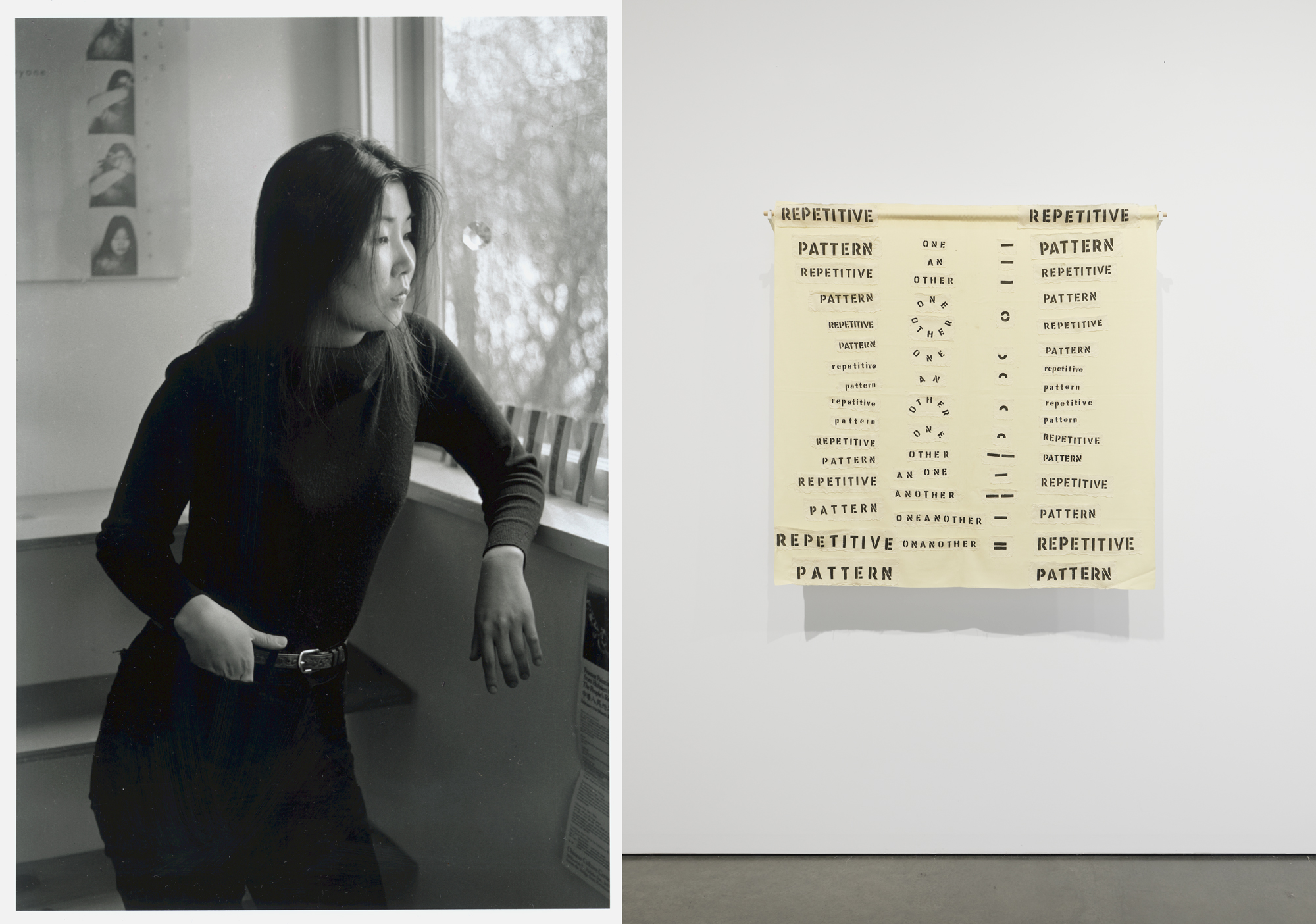 image of Asian woman in black, one hand tucked in pocket, the other leaning on window she looks out of; stenciled text piece on raw canvas