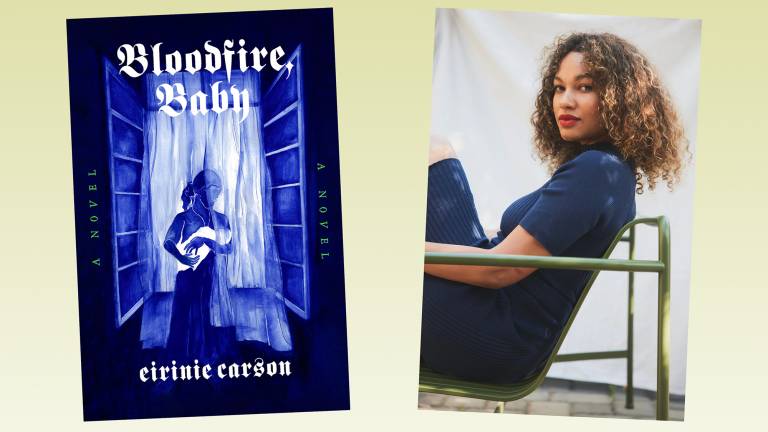 A blue-and-grey illustrated book cover, showing a mother holding a child near an open window; also, a portrait of a young Black woman with long hair, sitting on a green chair and looking into the camera