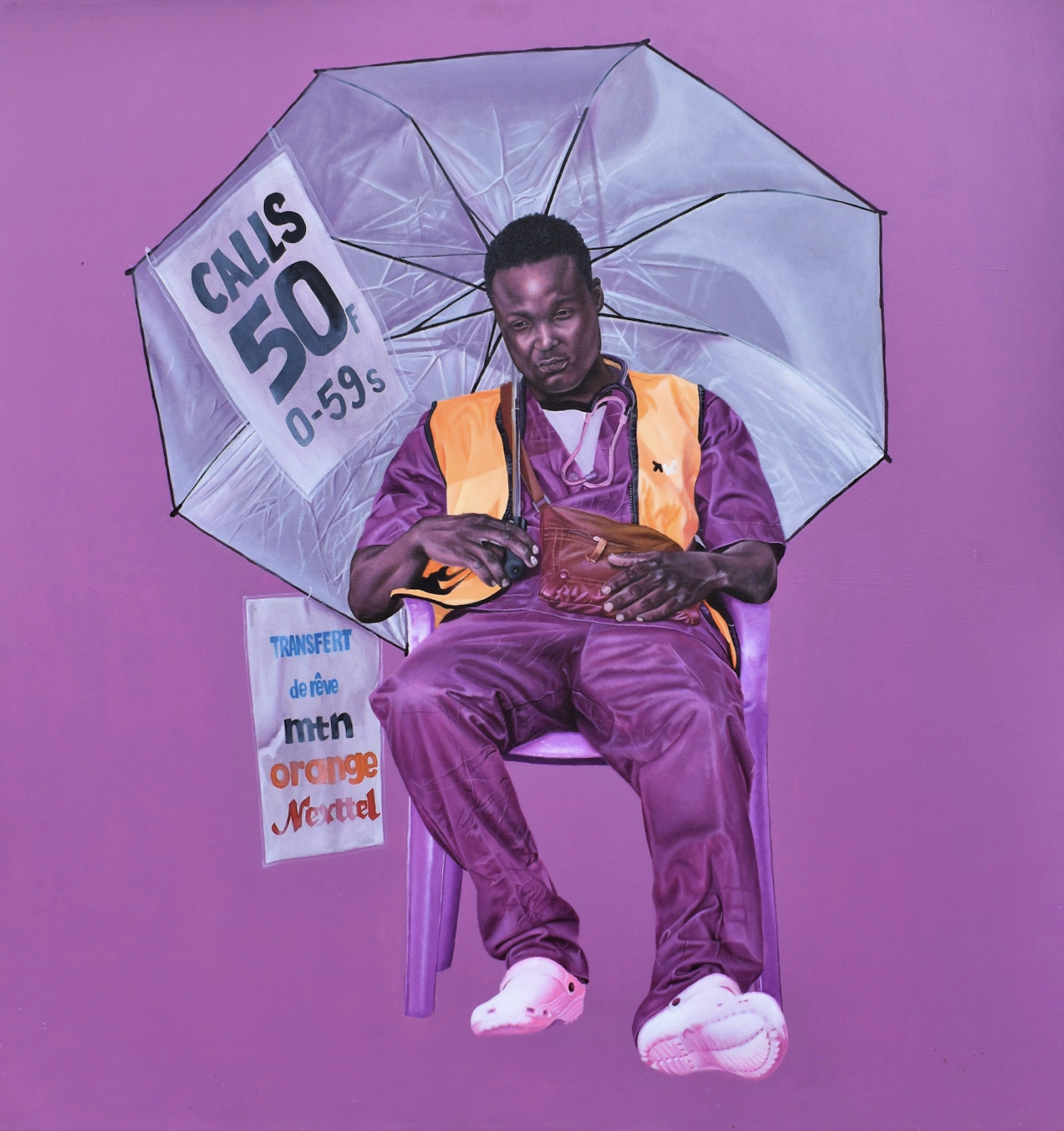 A predominantly lilac and purple painting depicting a Black man in doctor's scrubs seated on a plastic chair underneath a white umbrella. A sign at his right reads CALLS 50.