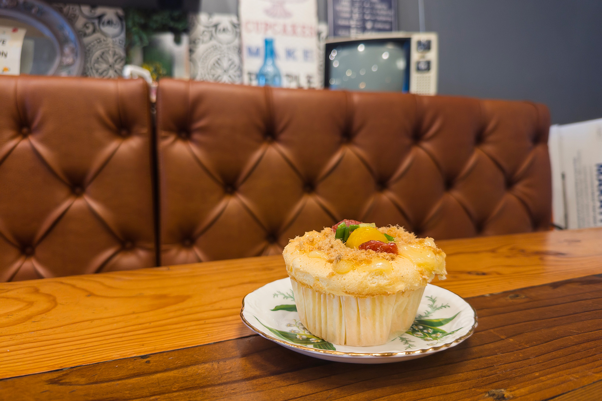 A savory sponge cake on a plate.