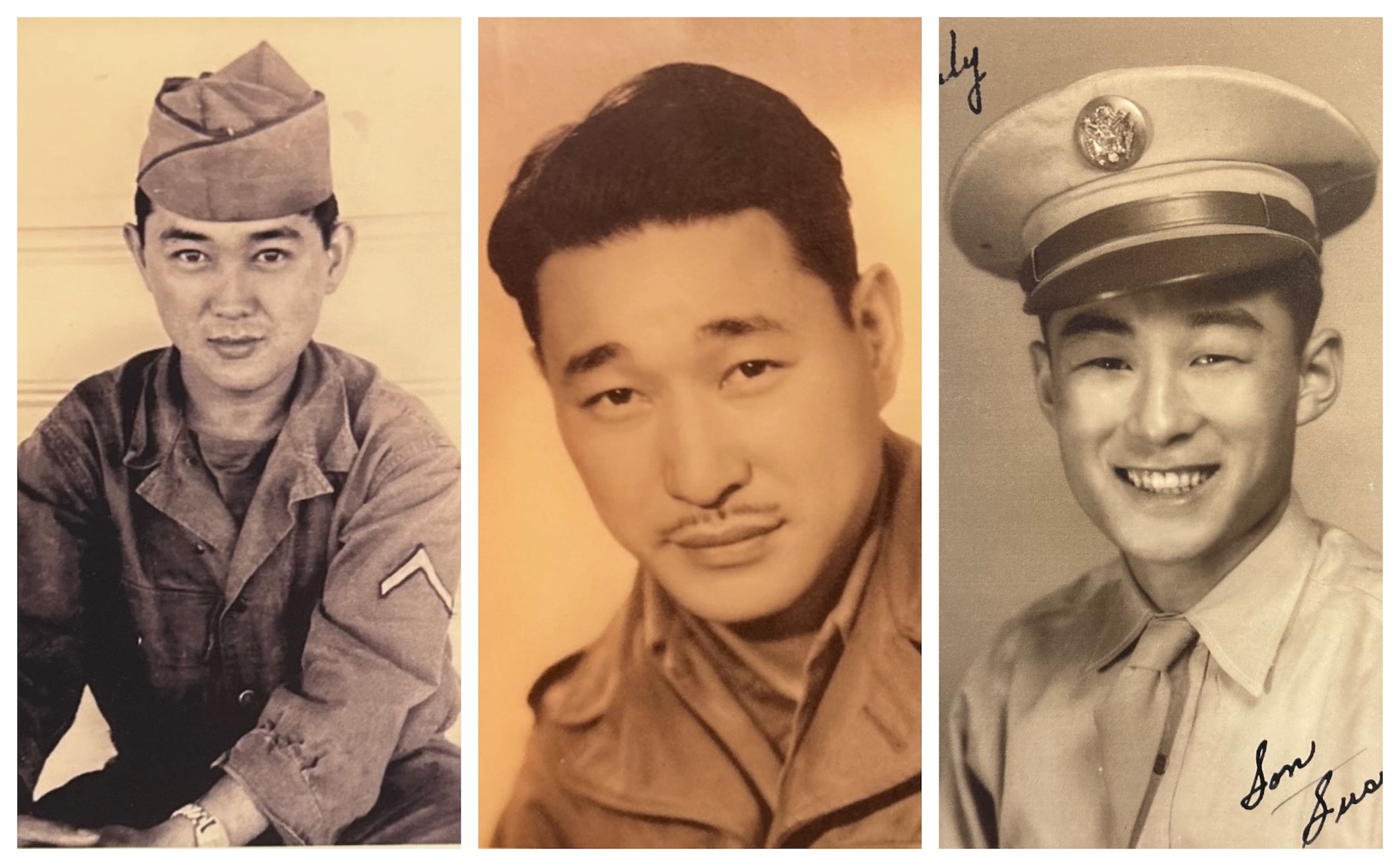 Three sepia toned portraits of Japanese American servicemen from World War II.