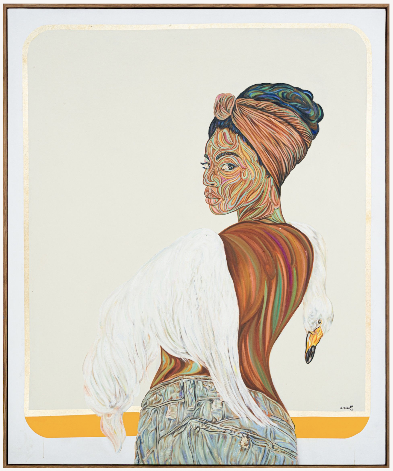 A contemporary painting featuring a Black woman wearing a hair wrap, her back to the viewer, with a white swan draped over her front, its neck resting on her shoulder. She is wearing blue jeans. 