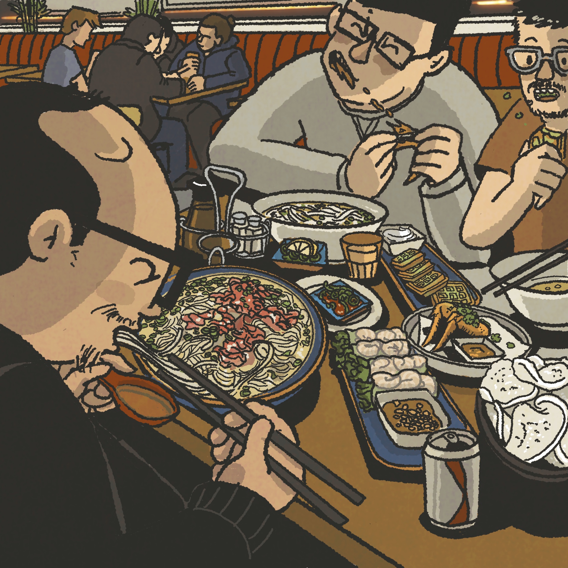 A group of me devouring bowls of beef and chicken pho.