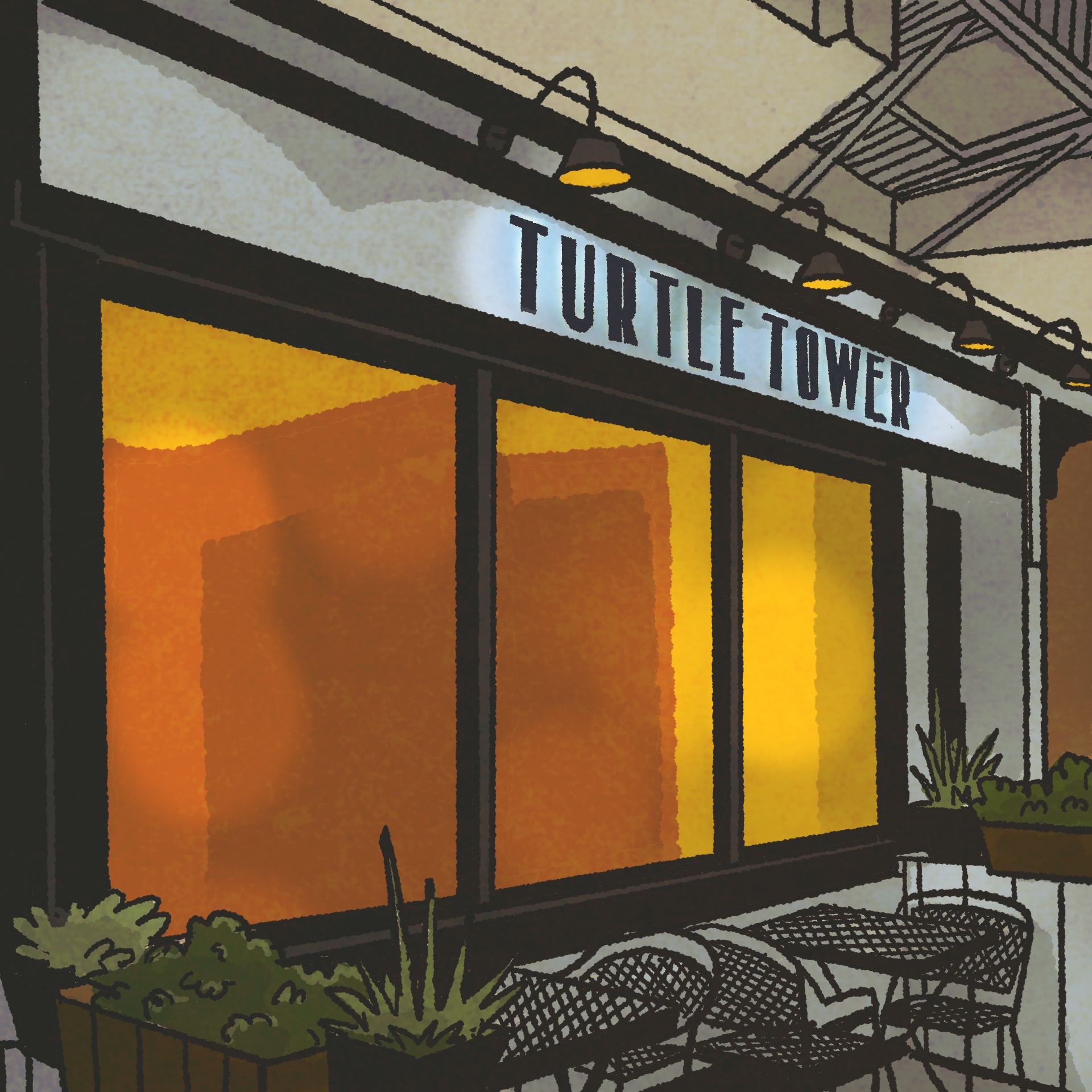 Illustration: Exterior of a restaurant. The sign up top reads, "Turtle Tower."