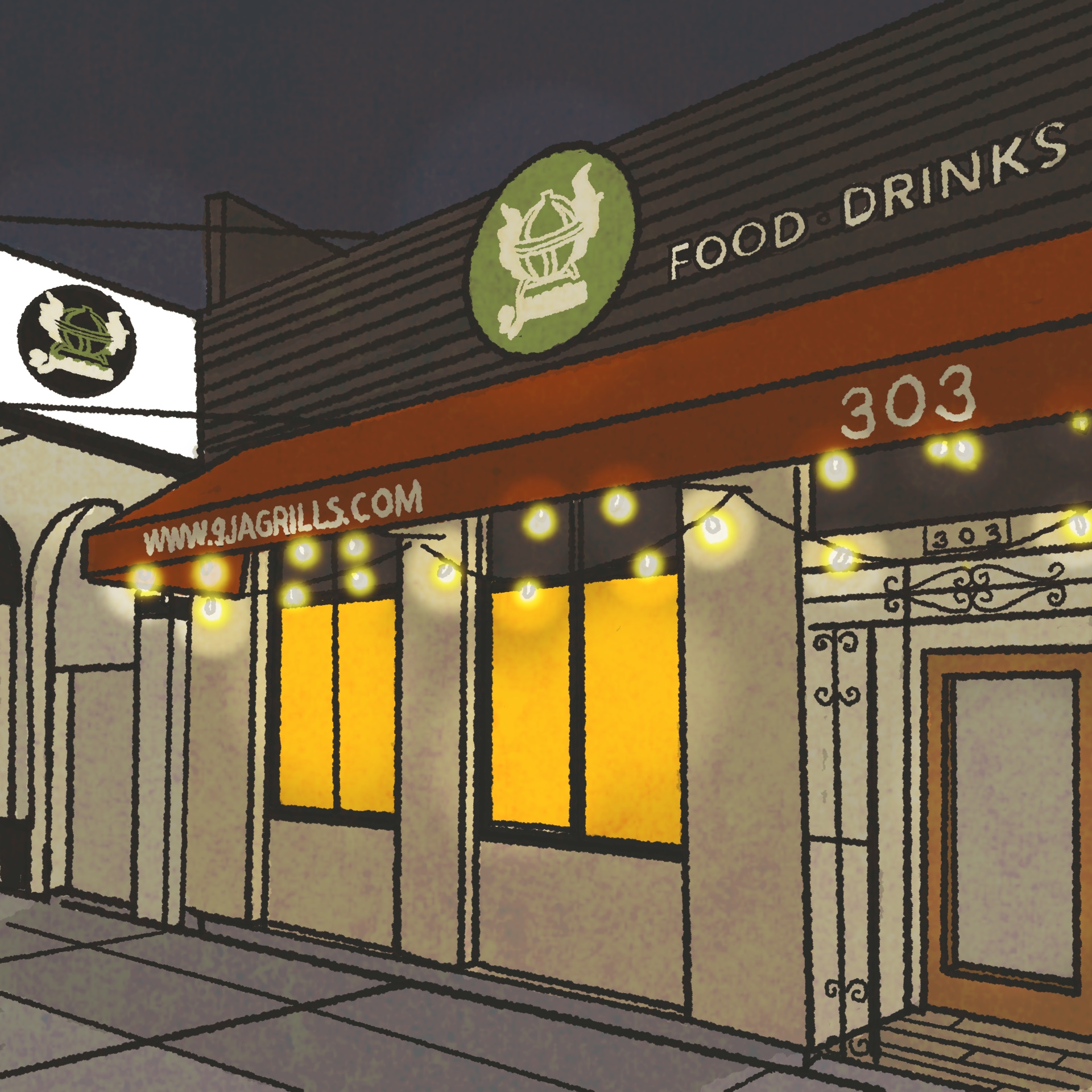 Illustration: exterior of a Nigerian restaurant at nighttime. The awning reads, "www.9jagrills.com"