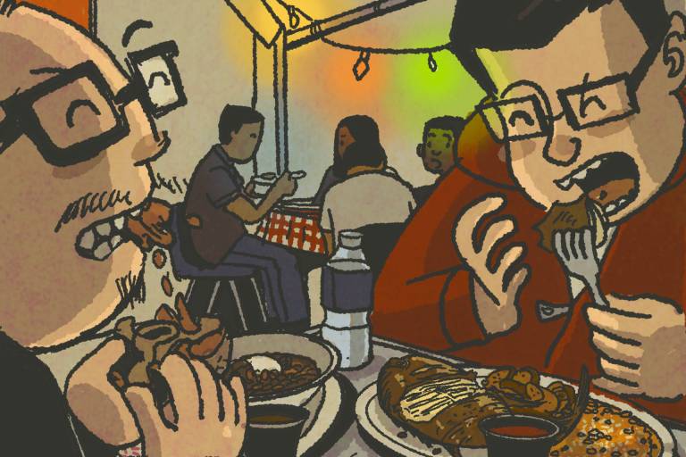 Illustration: two men devouring oxtails and a whole fried fish.