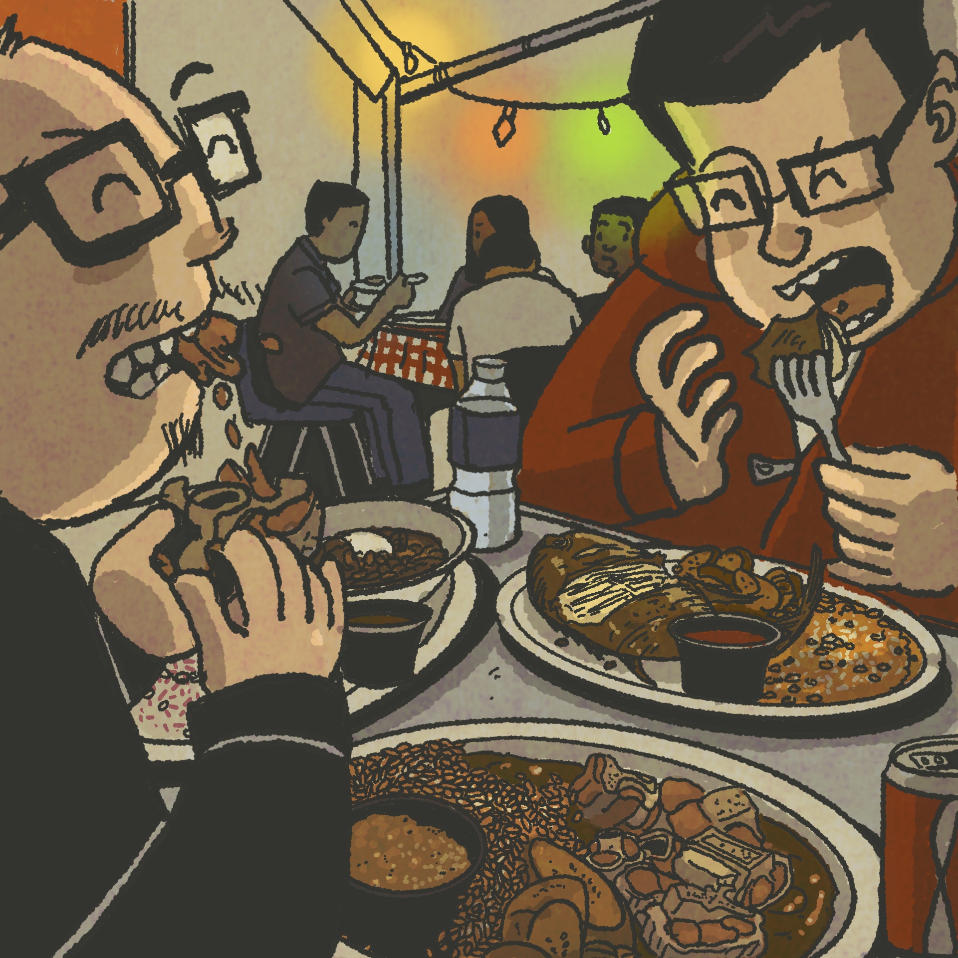 Illustration: two men devouring oxtails and a whole fried fish.