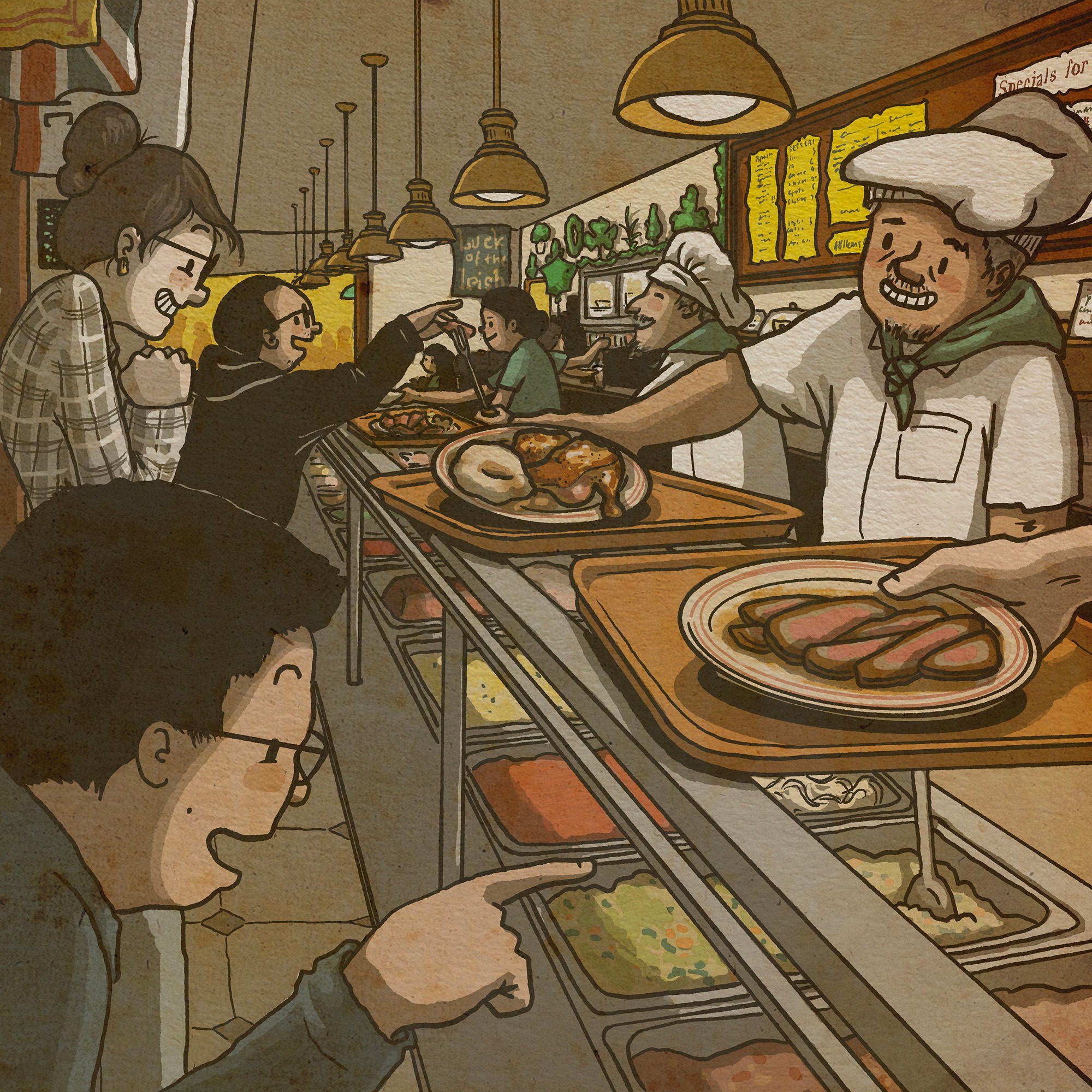 Illustration: Diners point at the dishes they want at a cafeteria-style counter. Chefs in white toques serve them their food.