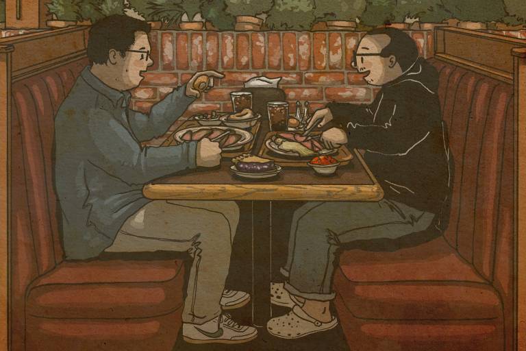 Illustration: Two men sit in a leather booth over a large spread of roast meats and mashed potatoes.