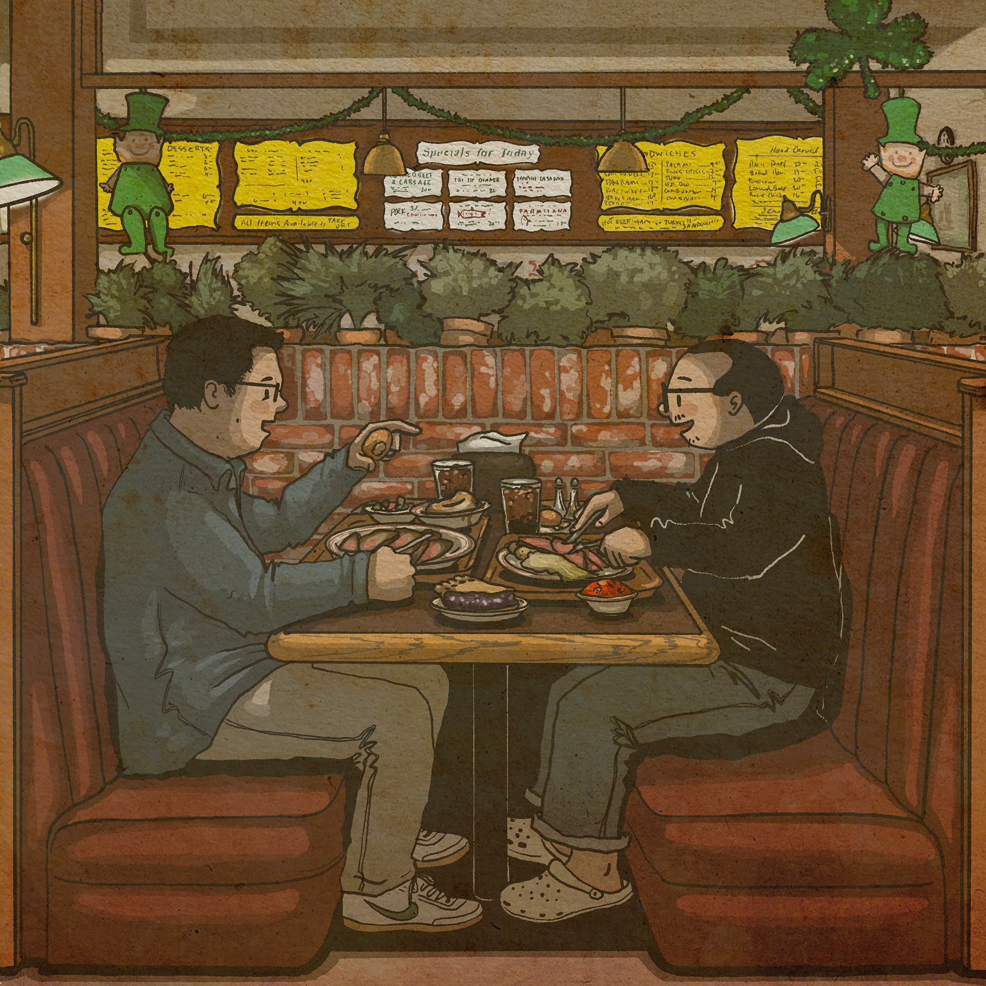 Illustration: Two men sit in a leather booth over a large spread of roast meats and mashed potatoes.