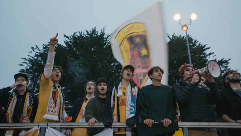 fans cheer at railing with team flag waving behind