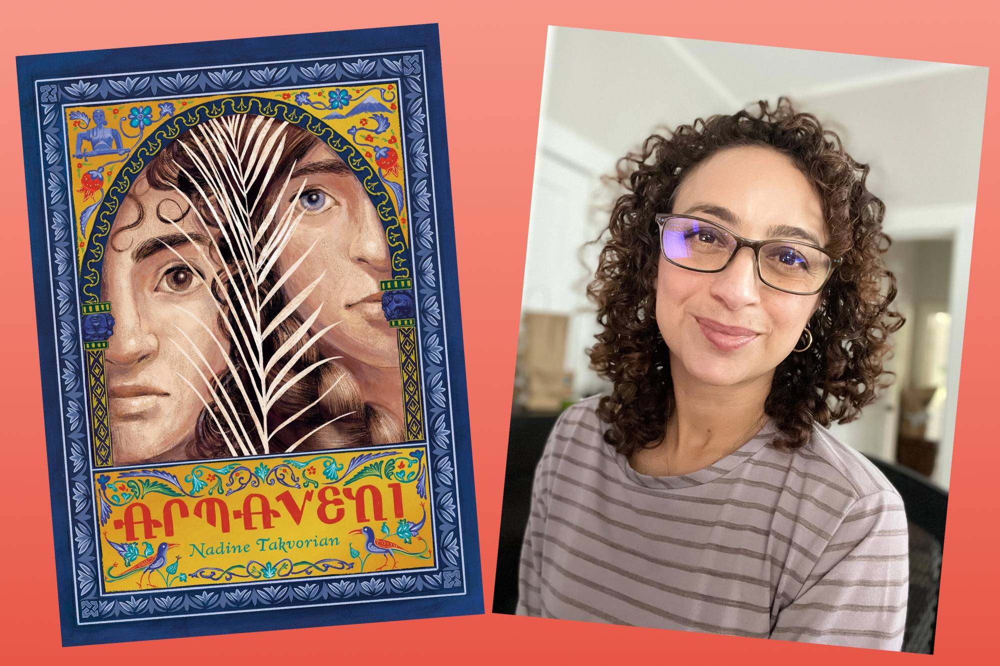 An in mage of a book cover, colorful and detailed with two faces, alongside an image of a woman in glasses and curled hair, looking into the camera