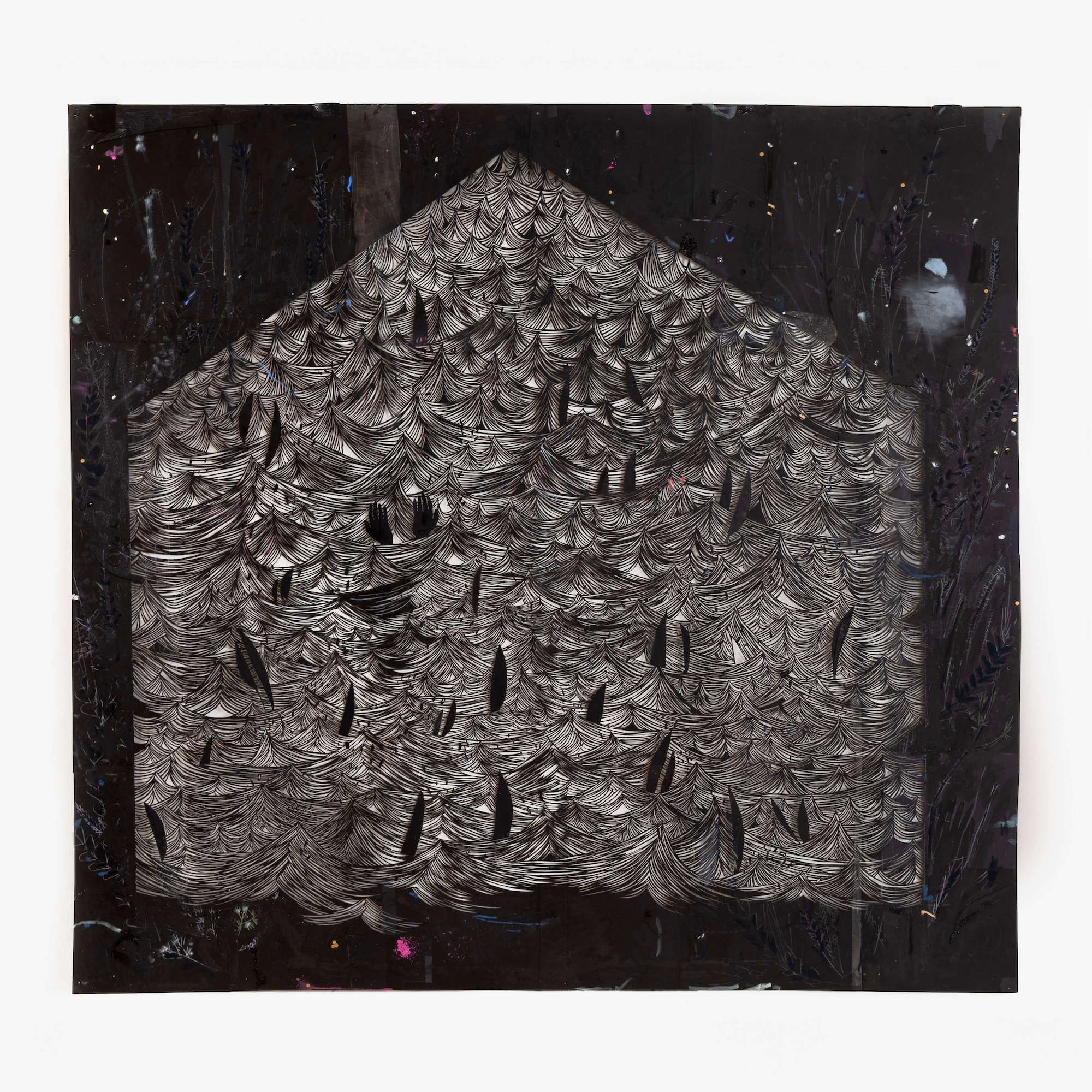 black paper cut into house shape with waves inside