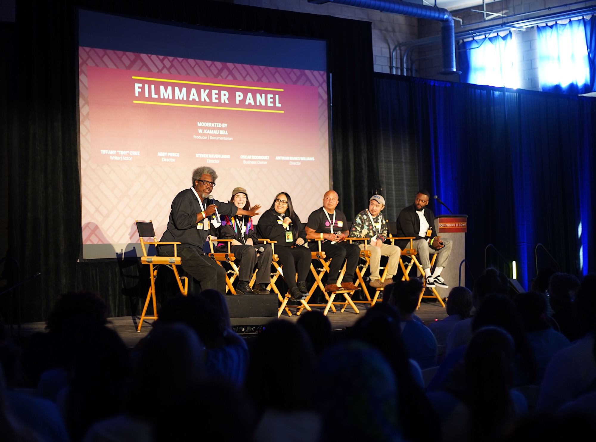W. Kamau Bell hosts a panel discussion with Abby Pierce, Tiffany "Tiny" Cruz, Oscar Rodriguez, Steven Raven Liang and Antwan Banks Williams at the San Quentin Film Festival at CCWF. 