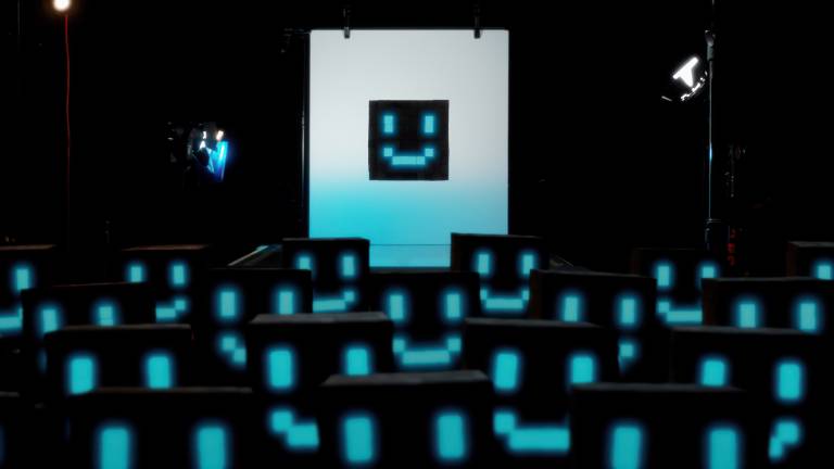 A screen crowded with small black boxes with blue smiling faces. They are identical and clustered together with one hovering over them in the center.