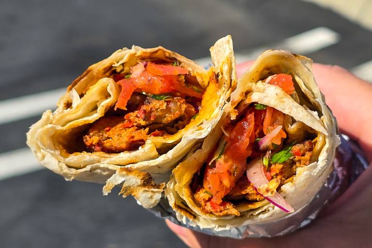 Adana kebab wrapped in a flour tortilla.