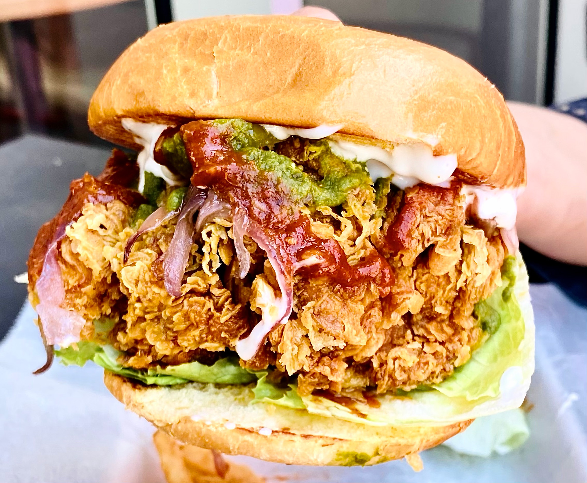 A large fried chicken sandwich.